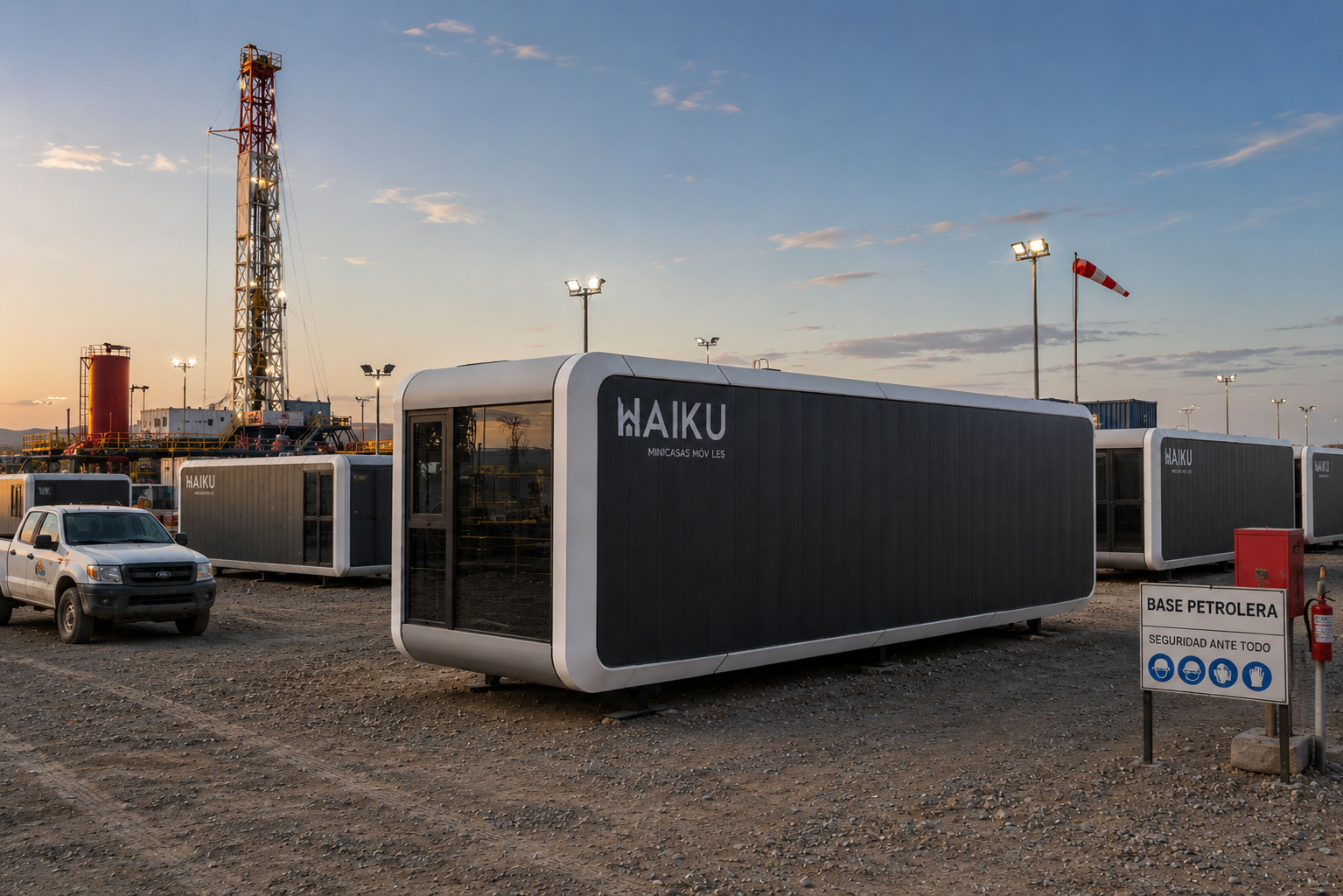 Cápsulas Haiku en una base petrolera de Vaca Muerta, Neuquén, como alojamiento y oficinas de campo